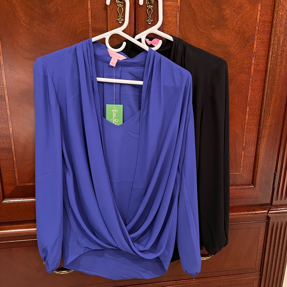 Lilly Pulitzer (2) drape tops size small black and purple.